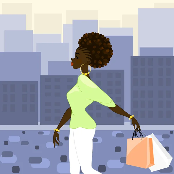 Femme à la peau foncée faisant du shopping en ville — Image vectorielle