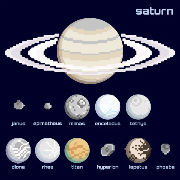 Retro minimalist dizi Saturn ve doğal uyduları — Stok Vektör
