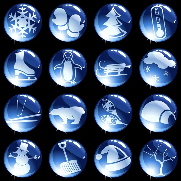 16 boutons à thème hiver à haute brillance — Image vectorielle