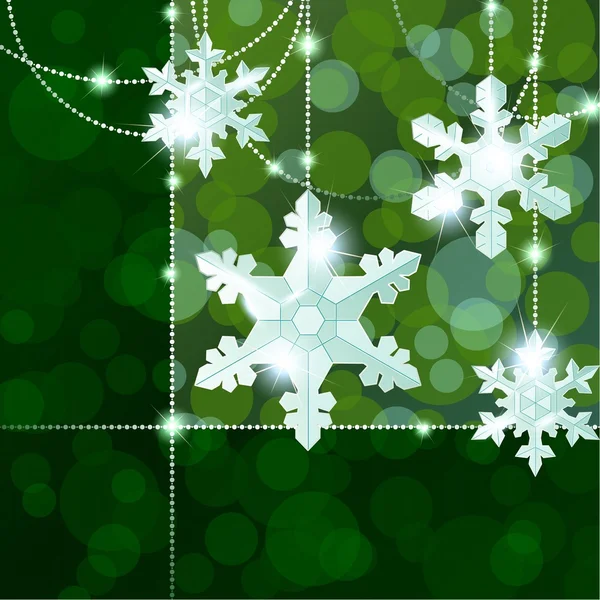 Green transparent banner with crystal snowflake ornaments — Stok Vektör