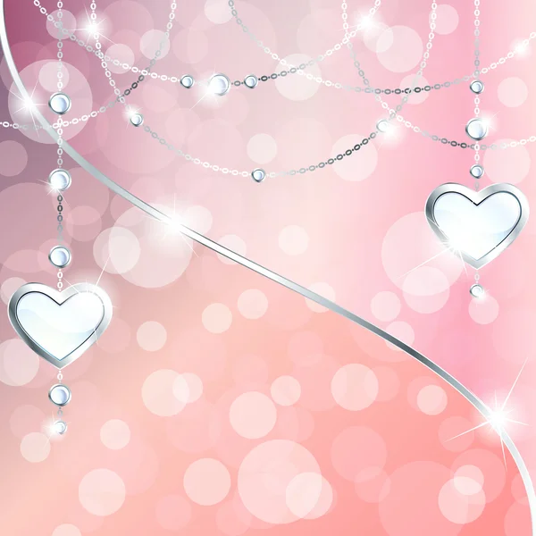 Sparkly peach pink background with silver heart-shaped pendants — Stockvector