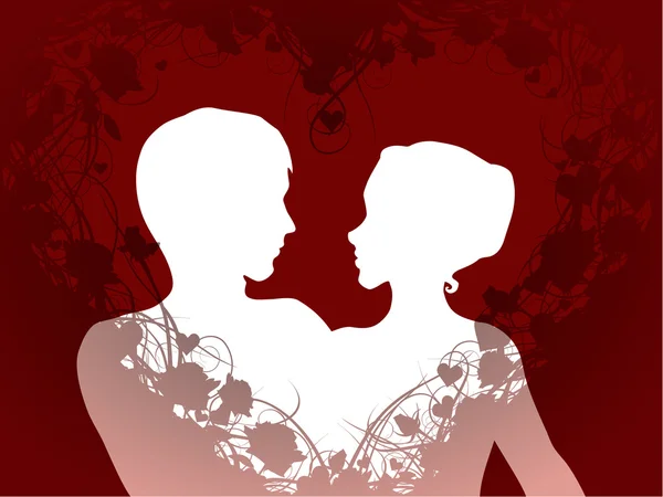 Silhouette romantica con cuore di rosa — Vettoriale Stock