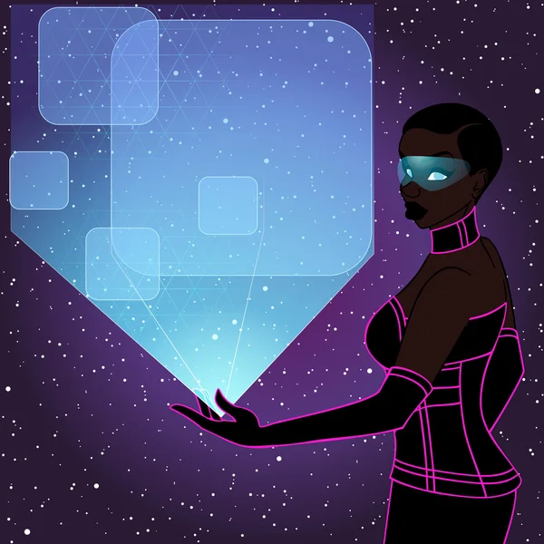 Mujer futurista con una pantalla holográfica azul — Vector de stock