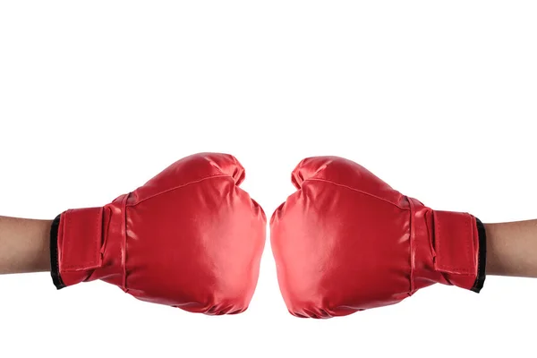 Dwie Osoby Zderzają Się Czerwonymi Rękawiczkami Bokserskimi Izolowane Białym Tle — Zdjęcie stockowe