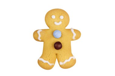 Beyaz arka planda izole edilmiş krema ve şekerle süslenmiş bebek şeklinde lezzetli zencefilli Noel kurabiyesi.