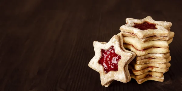 Handmade Christmas Cookies Shape Star Filled Jam Stacked Wooden Background — Stock Photo, Image
