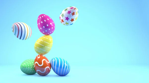 3Dレンダリングでカラフルな塗装イースターの卵は コピースペースと青の背景にイースターを祝うために — ストック写真