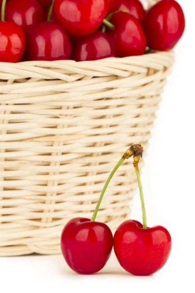 Close up to a red cherries in a basket — Stock Photo, Image