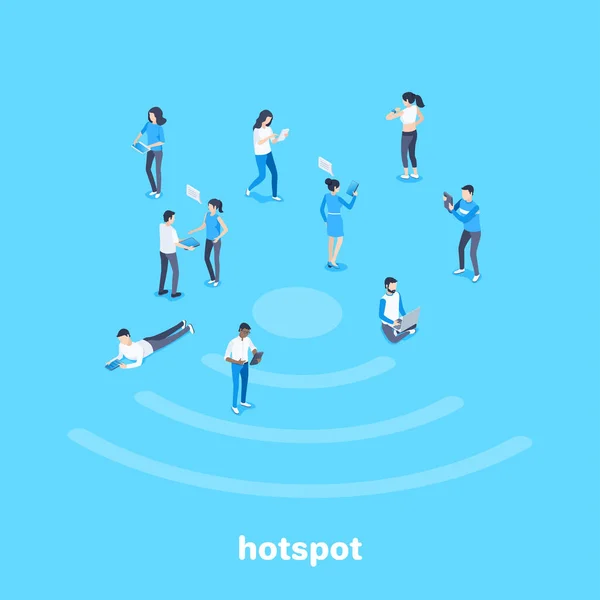 青い背景のアイソメトリックベクトル画像スマートフォンやタブレットを持つ人々はインターネットや無線インターネット接続やホットスポットを利用します — ストックベクタ