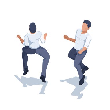 Beyaz bir arka planda izometrik vektör görüntüsü, iş elbiseli bir adam sevinçle ayağa kalkıyor.