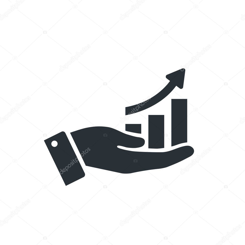 flat vector icon isolated on white background, male hand holding a chart with an up arrow, financial growth and analysis, business profit