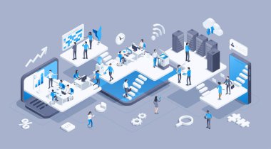 Gri arka planda izometrik vektör çizimi, çalışan insanlarla sanal ofis, takım çalışması ve yaratıcı fikir