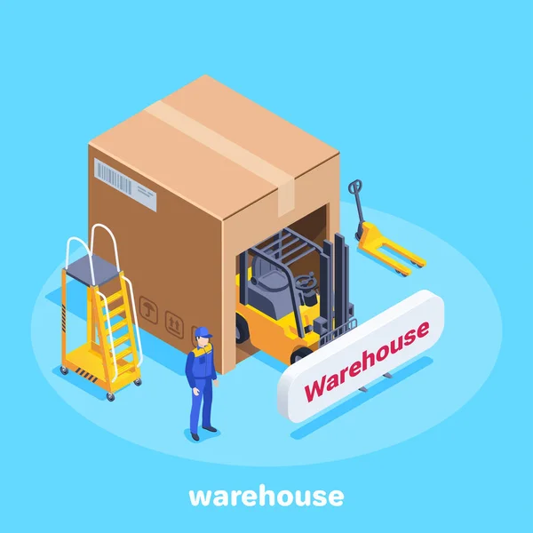 Isometric Vector Illustration Blue Background Large Box Equipment Working Warehouse — Stock Vector