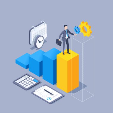 Gri arkaplanda izometrik vektör çizimi, evrak çantalı iş adamı çizelgede duruyor, ilerlemenin görselleştirilmesi