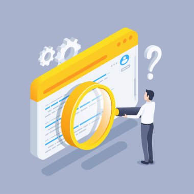 Gri arkaplanda izometrik vektör çizimi izole edildi, tarayıcı penceresinde duran büyük büyüteçli adam, arama motoru