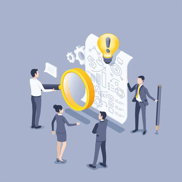 Isometric Vector Illustration Gray Background People Business Clothes Discussing Plan — Stock vektor