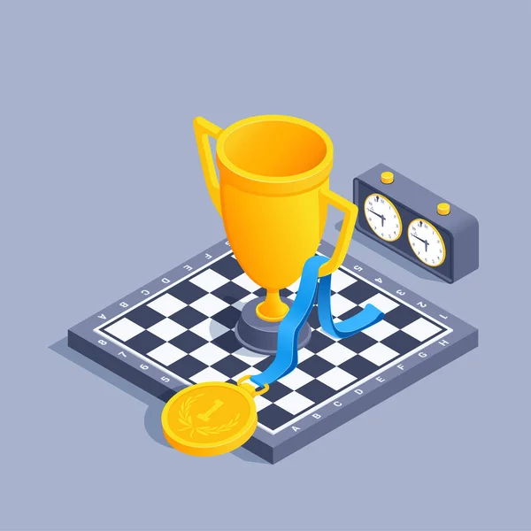 Isometric Vector Illustration Gray Background Cup Medal Chessboard Victory Chess — Διανυσματικό Αρχείο