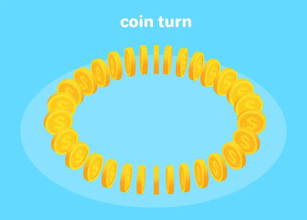 蓝色背景的等距矢量图解 硬币旋转360度 — 图库矢量图片
