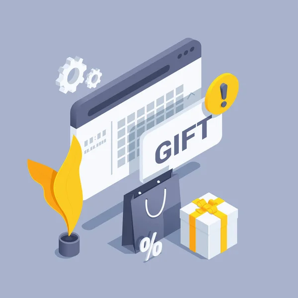 Ilustración Vectorial Isométrica Sobre Fondo Gris Regalo Junto Bolsa Compras — Archivo Imágenes Vectoriales