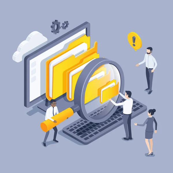Isometrisk Vektor Illustration Grå Bakgrund Människor Affärskläder Med Ett Förstoringsglas — Stock vektor