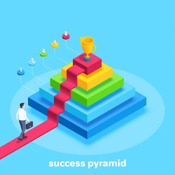 Ilustração Vetorial Isométrica Fundo Azul Pirâmide Sucesso Homem Roupas Negócios —  Vetores de Stock