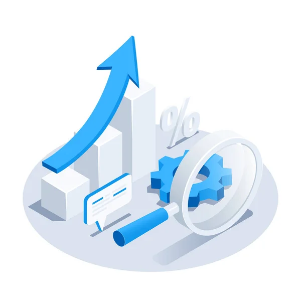 Isometric Vector Illustration Isolated White Background Magnifier Chart Arrow Business — Stock Vector