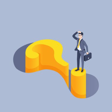 Gri arkaplandaki izometrik vektör çizimi, evrak çantalı bir iş adamı, sorunun sarı bir işaretinin üzerinde duruyor.