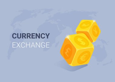 Gri arkaplan üzerinde izometrik vektör çizimi, borç para değişimi, döviz simgeli altın zarlar ve dünya haritası