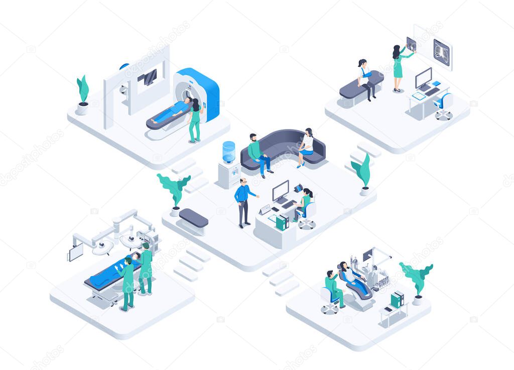 isometric vector illustration isolated on white background, medical center offices with patients and doctors, operating room and tomograph, x-ray and stomatology