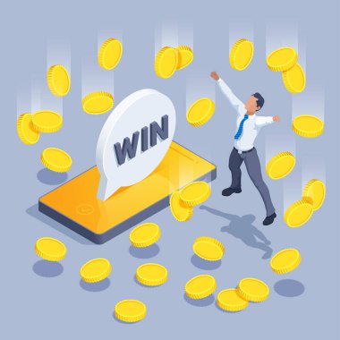 isometric vector illustration on a gray background, a man in business clothes happily jumped up near a smartphone with the message win and falling gold coins, profit and financial luck