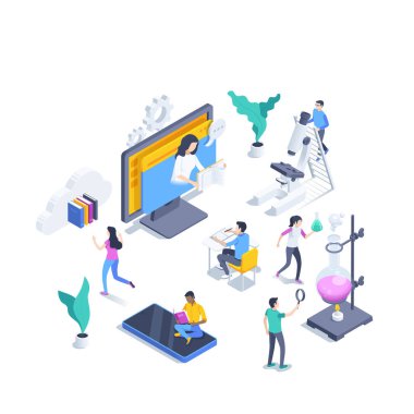 Beyaz arkaplanda izometrik vektör çizimi izole edildi, bilgisayar ekranındaki öğretmen öğrencilere bir ders veriyor, oğlanlar ve kızlar laboratuvar çalışması yapıyor, uzaktan öğrenme