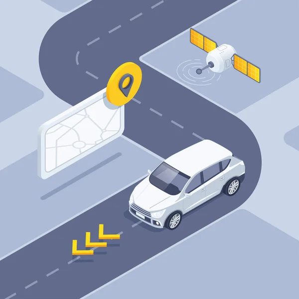 Isometrische Vector Illustratie Zwarte Achtergrond Auto Rijden Weg Met Satelliet — Stockvector