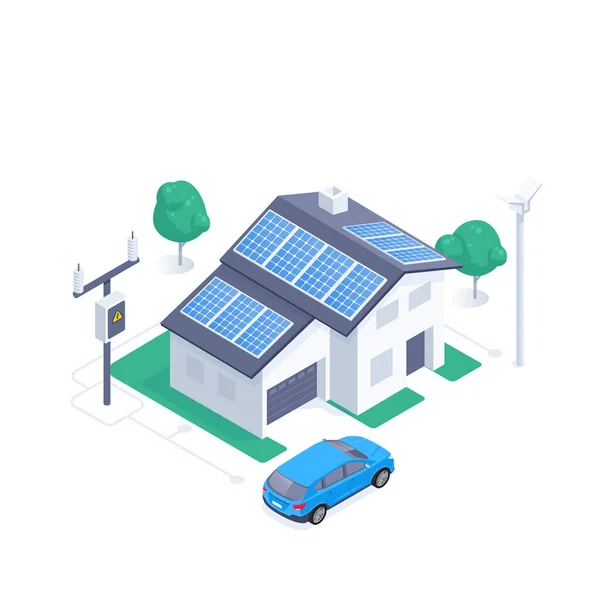 Ilustração Vetorial Isométrica Isolada Fundo Branco Casa Movida Energia Solar — Vetor de Stock