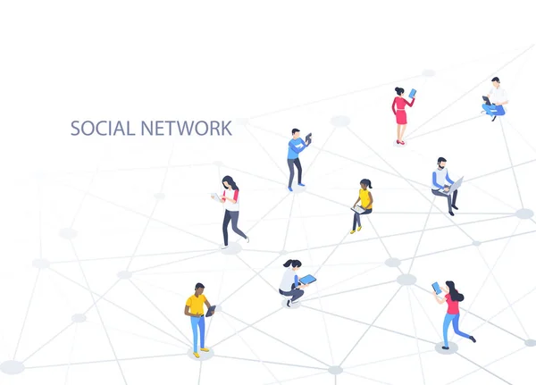 Ilustracja Wektora Izometrycznego Niebieskim Tle Sieci Społecznej Osób Gadżetami — Wektor stockowy