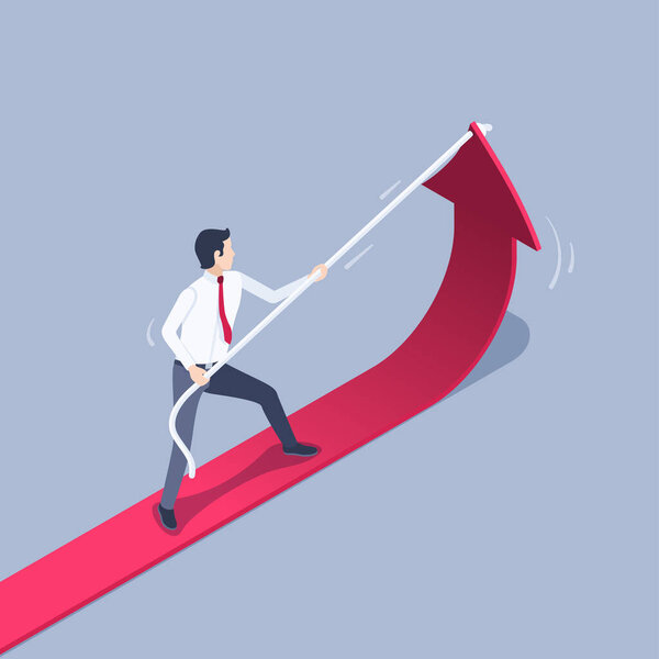 isometric vector illustration on gray background, raise income, a man in business clothes pulls a big red arrow up the rope