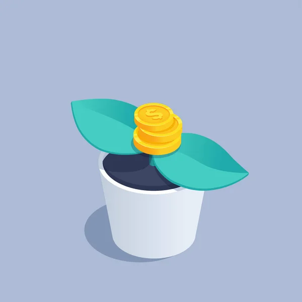 Isometrische Vector Illustratie Grijze Achtergrond Geld Spruit Bloempot Met Groene — Stockvector