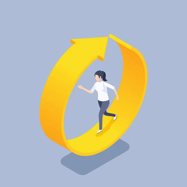 Isometric Vector Illustration Gray Background Woman Yellow Arrow Running Circle — Stock Vector