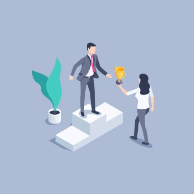 Gri arkaplanda izometrik vektör çizimi, kürsüde takım elbiseli bir adam ve ona kupa veren bir kadın, yarışmanın galibi.