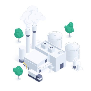 Beyaz zemin üzerinde izometrik vektör çizimi izole edilmiş, fabrika, baca ve kamyon dumanı ile bina