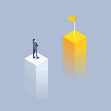 Gri arkaplanda izometrik vektör çizimi, yeni hedef, takım elbiseli bir adam çizelge direğinin üzerinde duruyor ve bayrağın bulunduğu bir diğerine bakıyor.