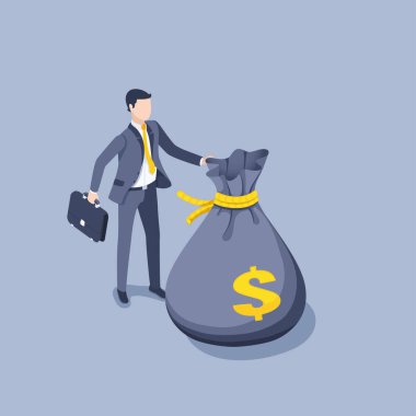 Gri bir arkaplanda izometrik vektör çizimi, evrak çantalı bir adam para, yatırım ve kredi dolu bir çantanın yanında duruyor.