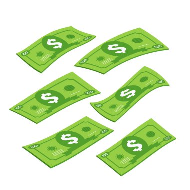 Beyaz arkaplanda izometrik vektör çizimi, deforme olmuş dolar banknotu, para düşüşü