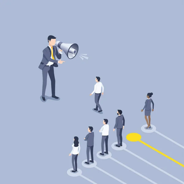 Isometric Vector Illustration Gray Background Man Business Suit Loudspeaker Chooses — 스톡 벡터