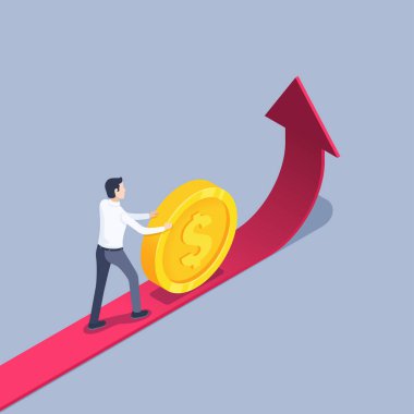 Gri arkaplanda izometrik vektör çizimi, iş elbiseli bir adam kırmızı ok boyunca bir dolar işareti ile bir bozuk para yuvarlar, başarı ve sermaye artışına giden yol