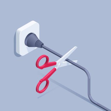 Gri zemin üzerinde izometrik vektör çizimi, kırmızı saplı makas prize bağlı kabloyu kes, elektrik güvenlik kuralları