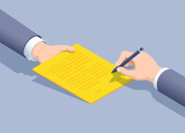 Gri arka planda izometrik vektör çizimi, takım elbiseli bir adam bir belge, iş anlaşması veya sözleşme imzalar