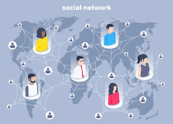 グレーの背景 世界地図上のユーザーや人々のアイコンとのネットワーク ソーシャルネットワークやデータ交換上の等角線図 — ストックベクタ