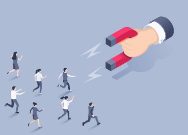 Gri zemin üzerinde izometrik vektör çizimi, mıknatıs ile el ve iş kıyafetleri içinde insanlar ona koşuyor, müşteri edinimi ve pazarlama