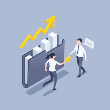 Gri arkaplandaki izometrik vektör çizimi, çizelgesi ve yukarı bakan oku olan bir klasör, bir kadın iş elbiseli bir adama acil bir dosya getiriyor, önemli veriler.