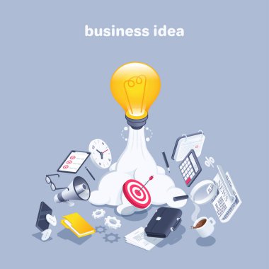 Gri zemin üzerinde izometrik vektör çizimi, roket gibi uçan ampul ve farklı yönlerde uçan eşyalar, yaratıcı iş fikri